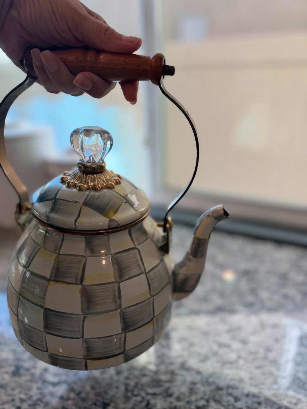 Mackenzie Childs Sterling Check 2 Court Tea Kettle Enameled Steel GORGEOUS - Picture 4 of 4